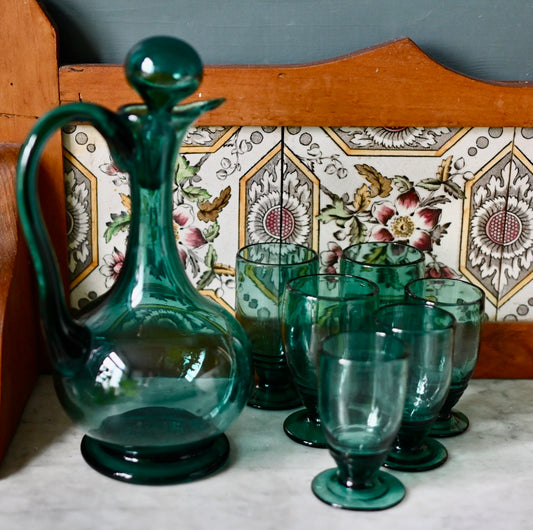 Vintage turquoise Venetian glass decanter set