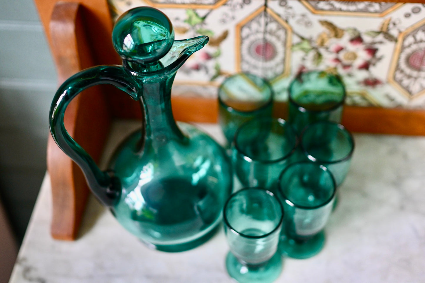 Vintage turquoise Venetian glass decanter set