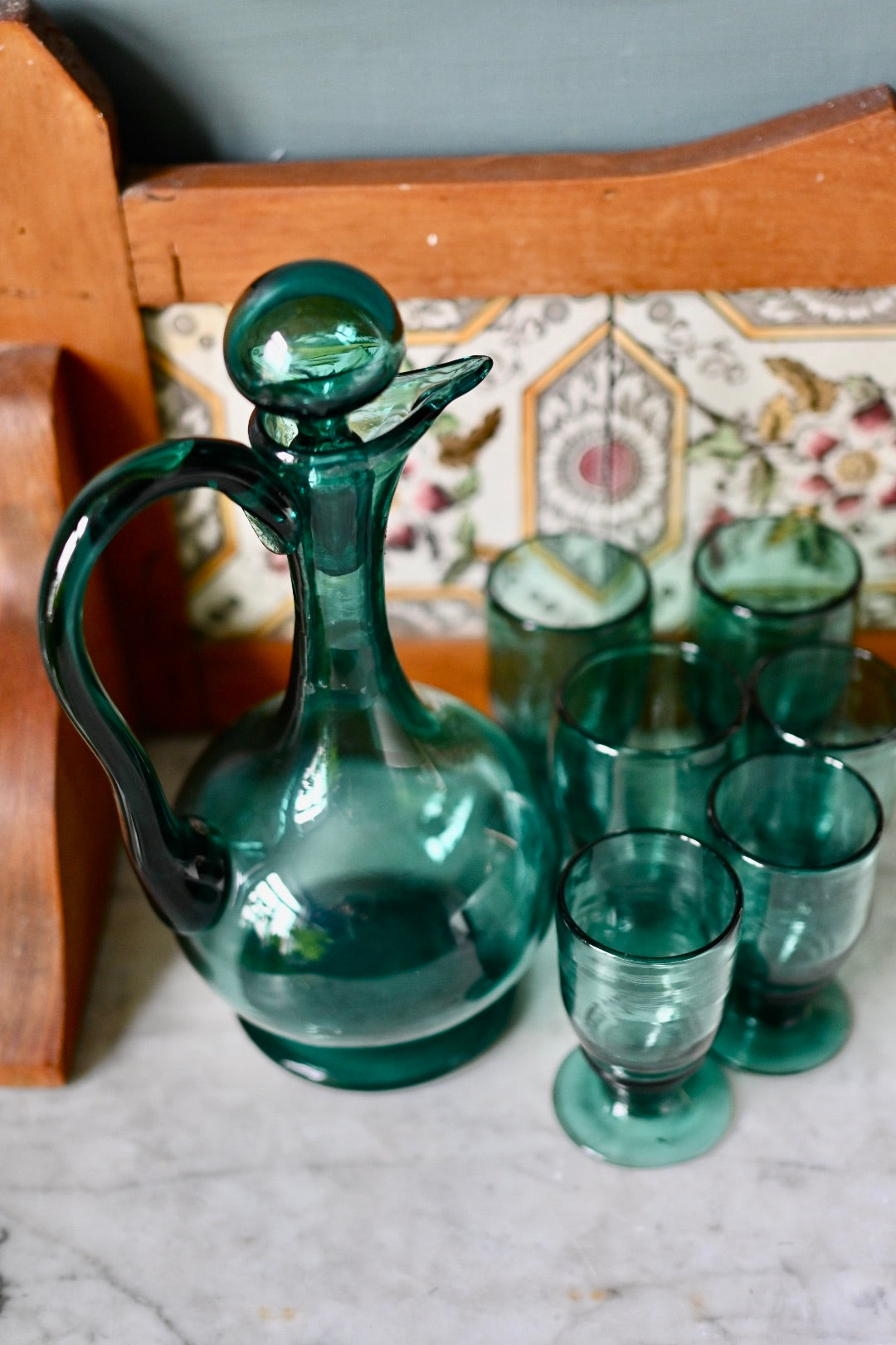 Vintage turquoise Venetian glass decanter set